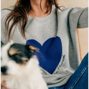 Sezane Boxy Gray and Blue Hoodie Sweatshirt